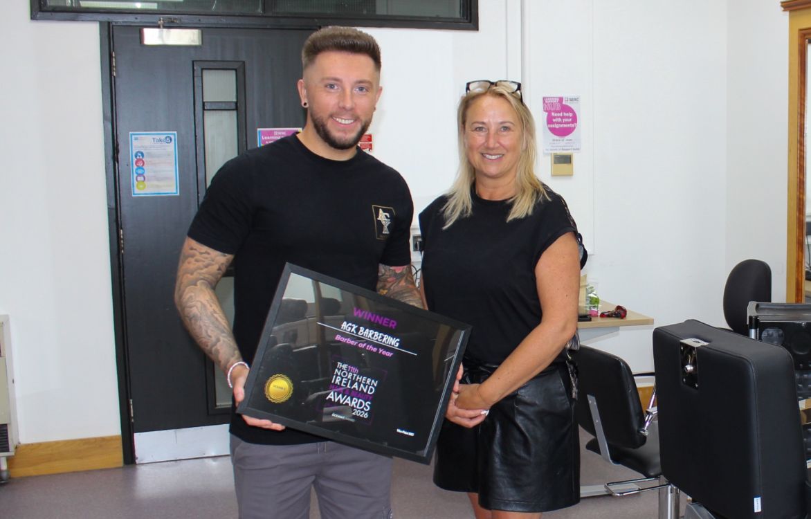 Adam Kennedy with tutor Sarah June Robinson at the SERC Bangor Campus salon